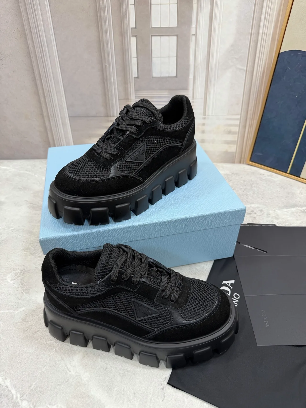 Prada Ribbed Lace-Up Sneakers in Black · view 3