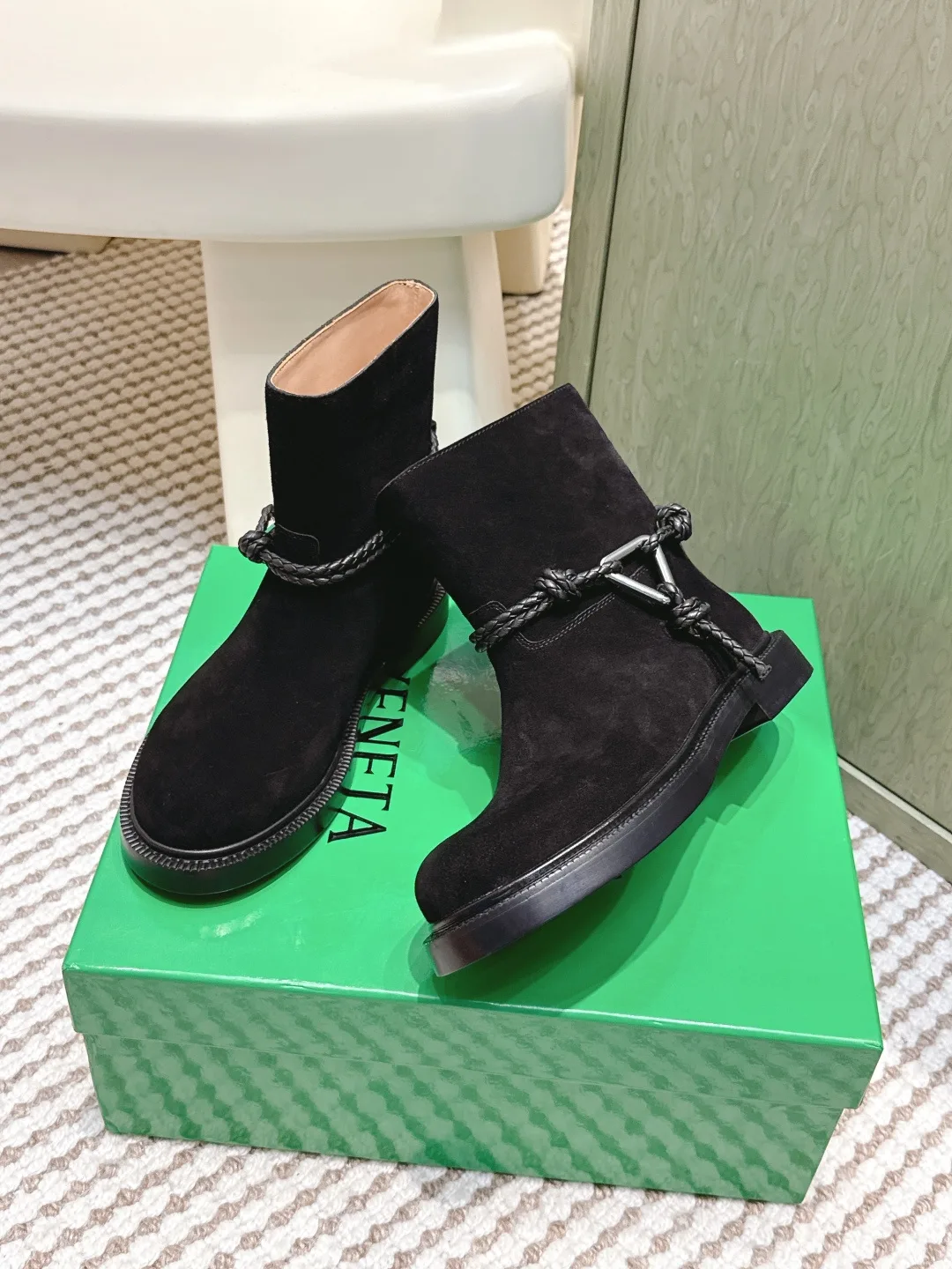 Bottega Veneta Calfskin Woven Glossy Ankle Boots in Black · view 4