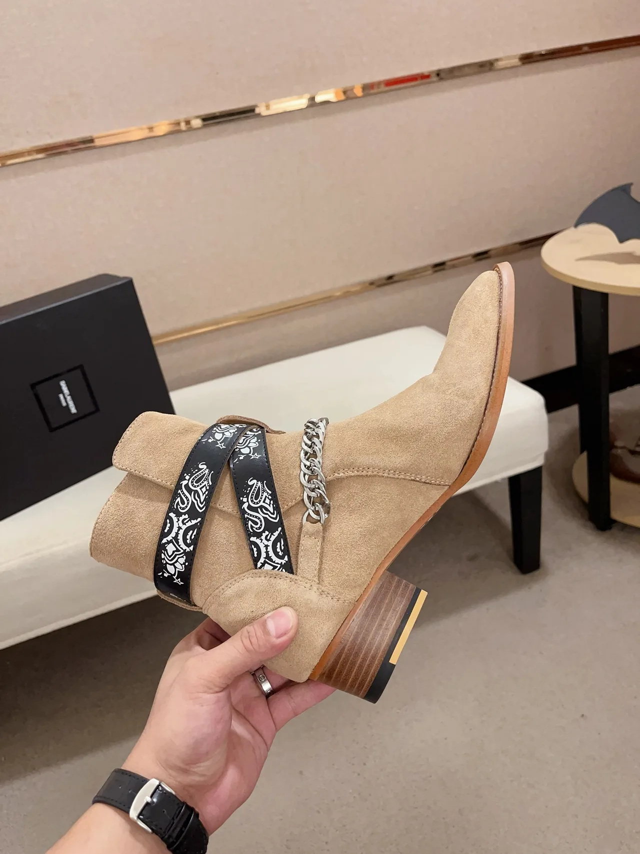 Saint Laurent Cowhide Suede-Look Square-Toe Ankle Boots in Tan · view 5