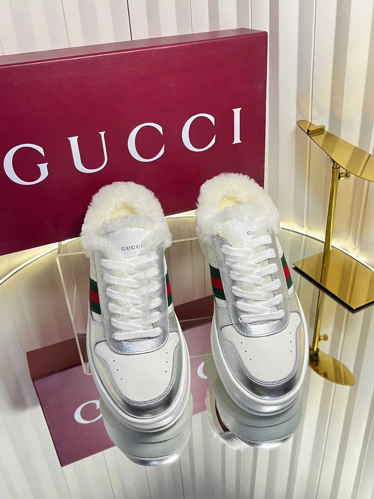 Gucci Wool Striped Lined Sneakers in White · view 3