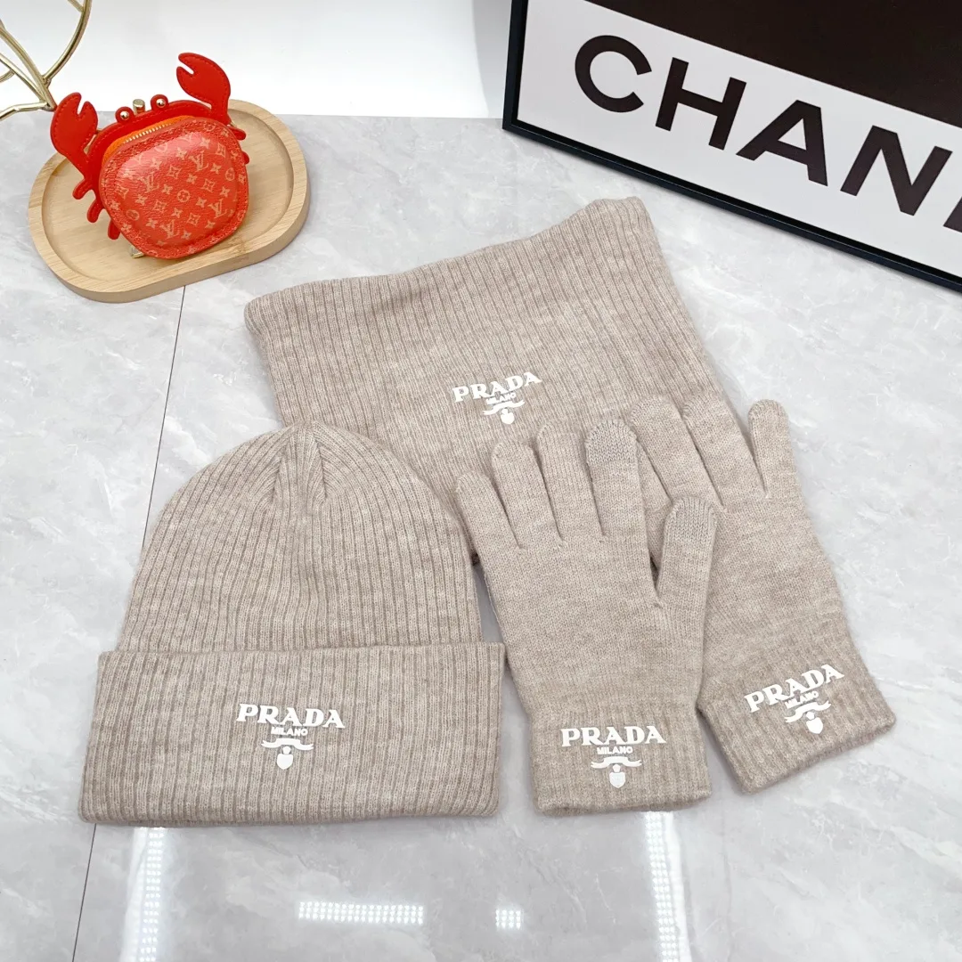 Prada Wool Ribbed Hat Scarf and Gloves Set in Beige · view 2