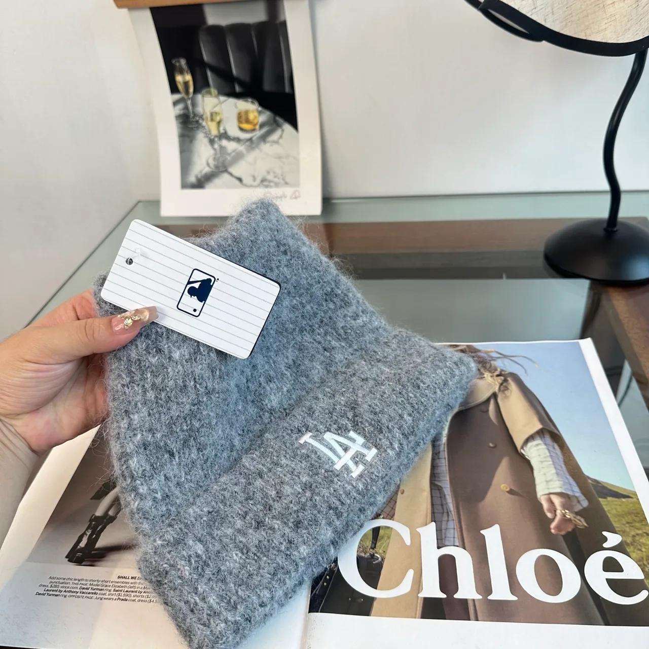 LA Letter Fuzzy Knit Beanie in Grey · view 7