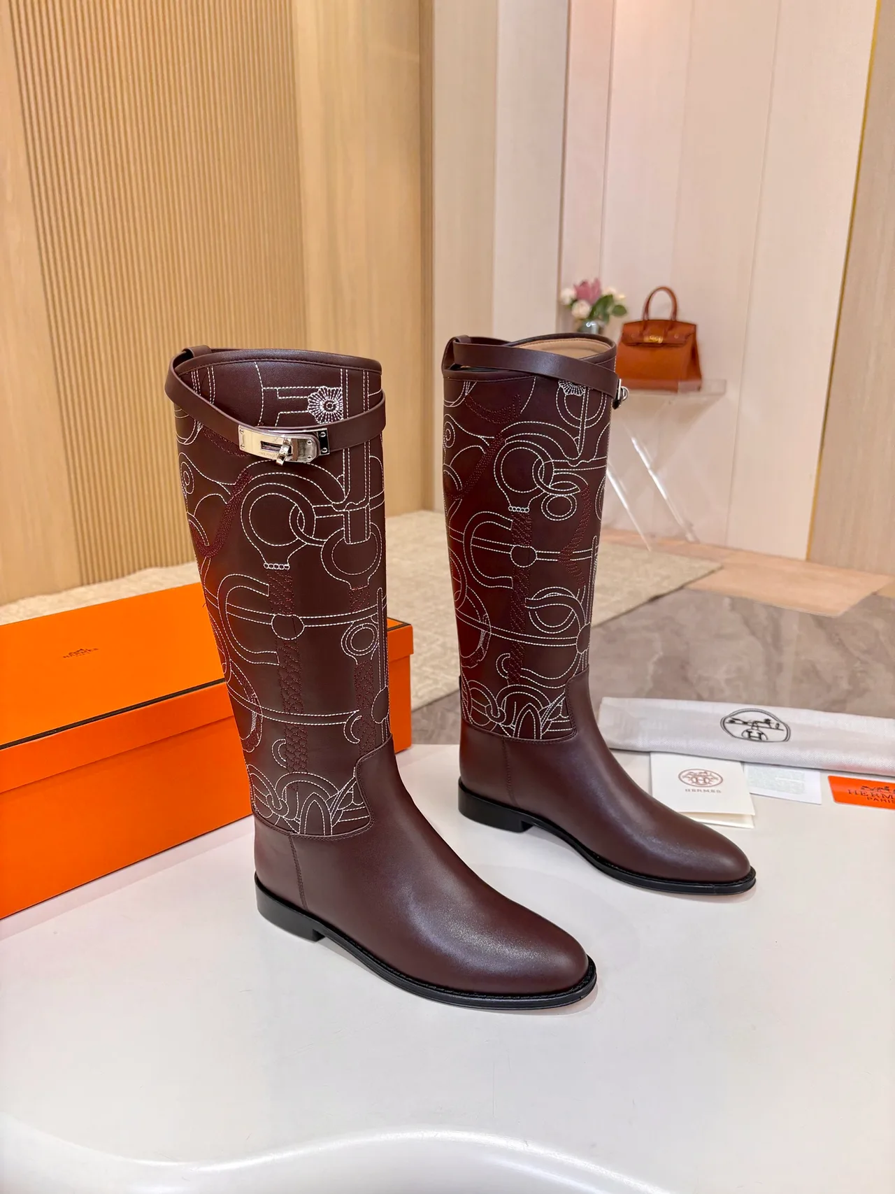 Hermes Cowhide Glossy Embroidered Pointed-Toe Boots in Brown · view 6