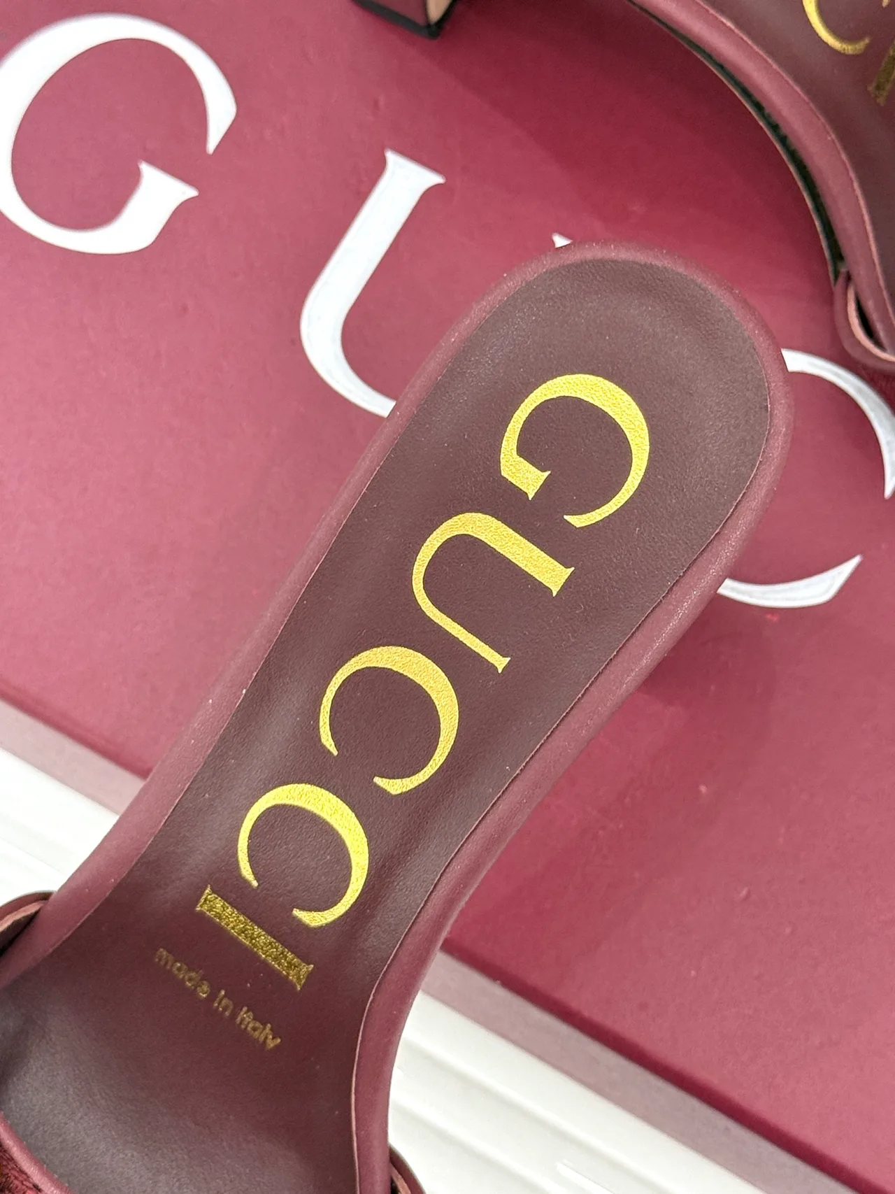 Gucci Canvas Denim Glossy Buckle Mules in Burgundy · view 8