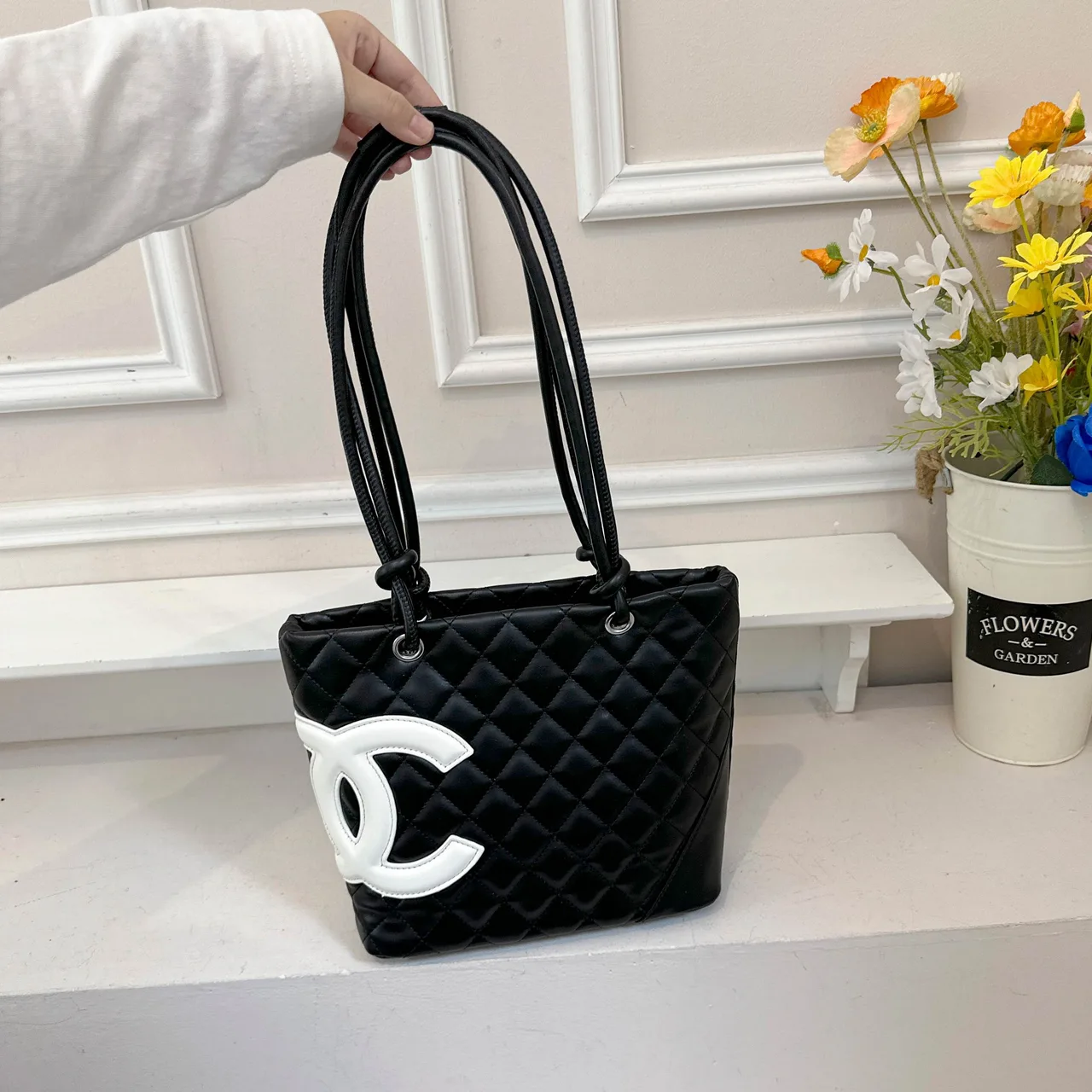 Chanel Quilted CC Tote in Black & White & Pink & Beige · view 1