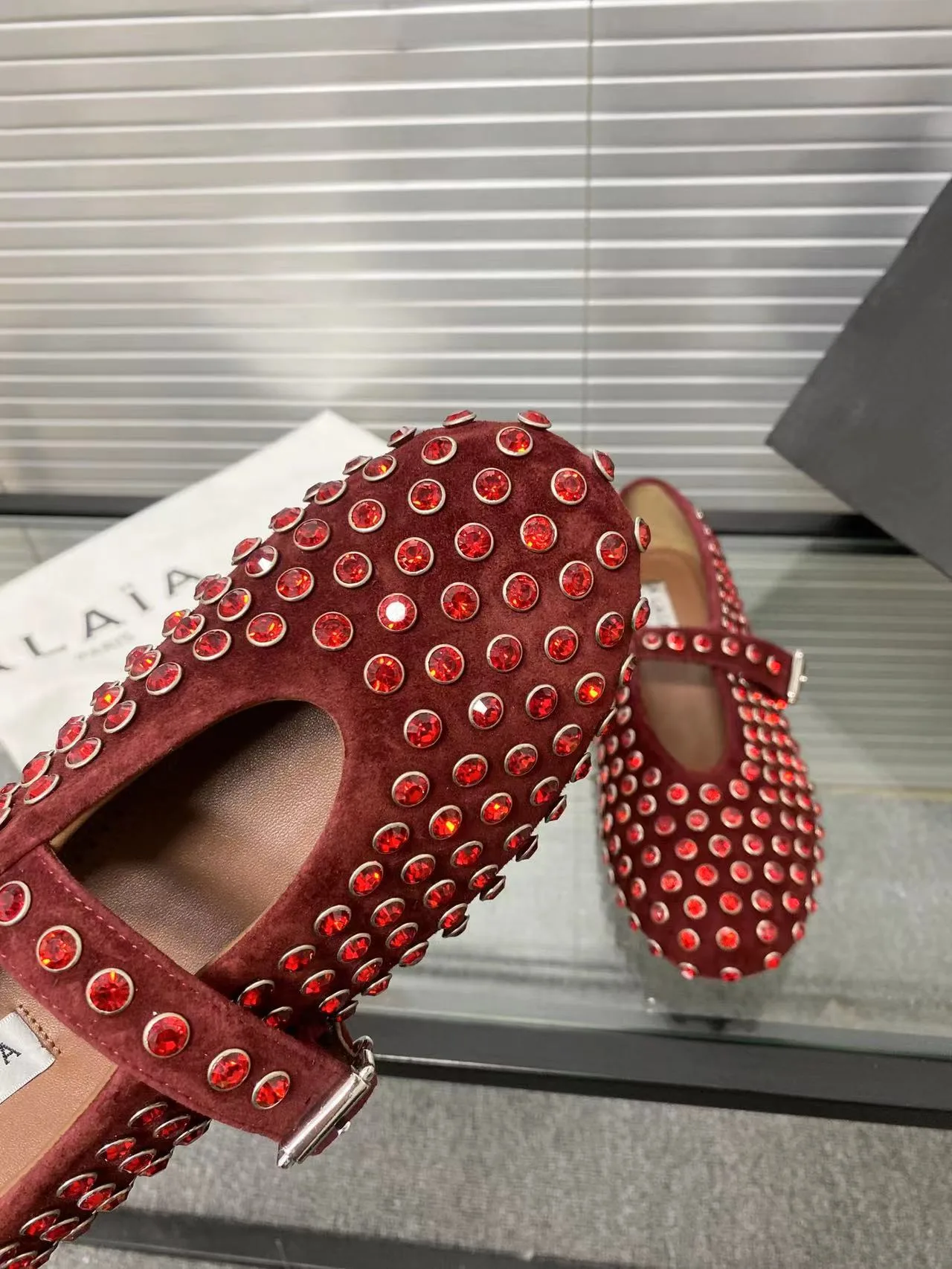 Alaia Cowhide Sheepskin Glossy Round-Toe Ballet Flats in Burgundy · view 7