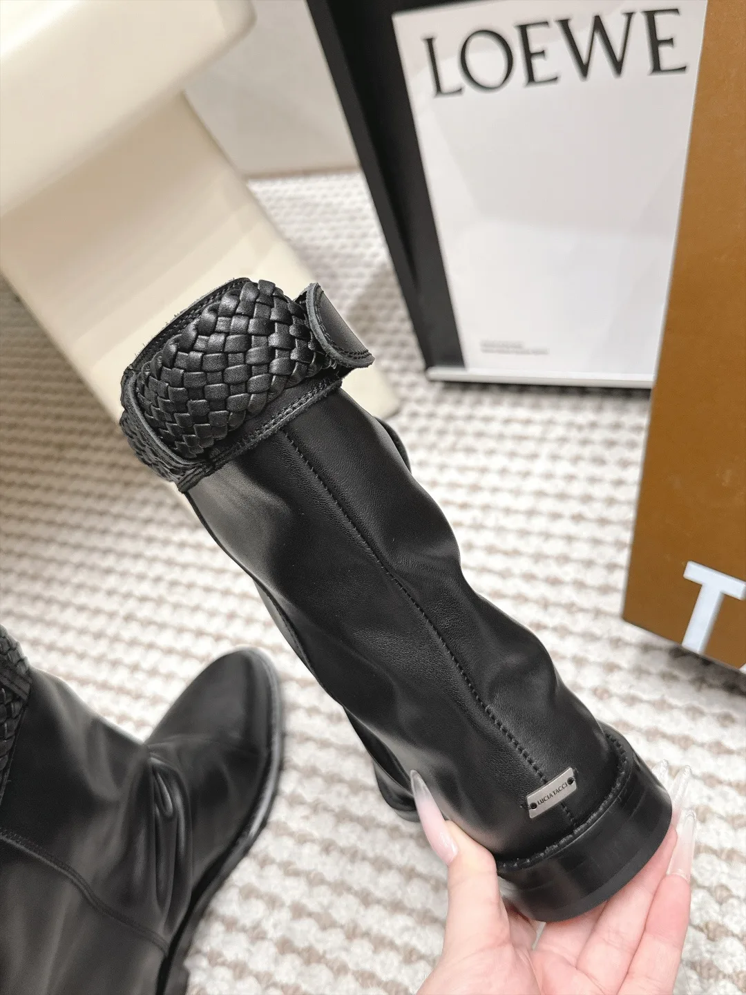 Loewe Woven Glossy Pointed-Toe Buckle Boots in Black · view 6