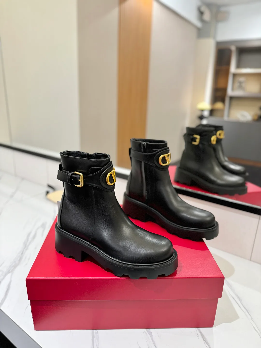 Valentino Calfskin Smooth Ankle Boots in Black · view 1