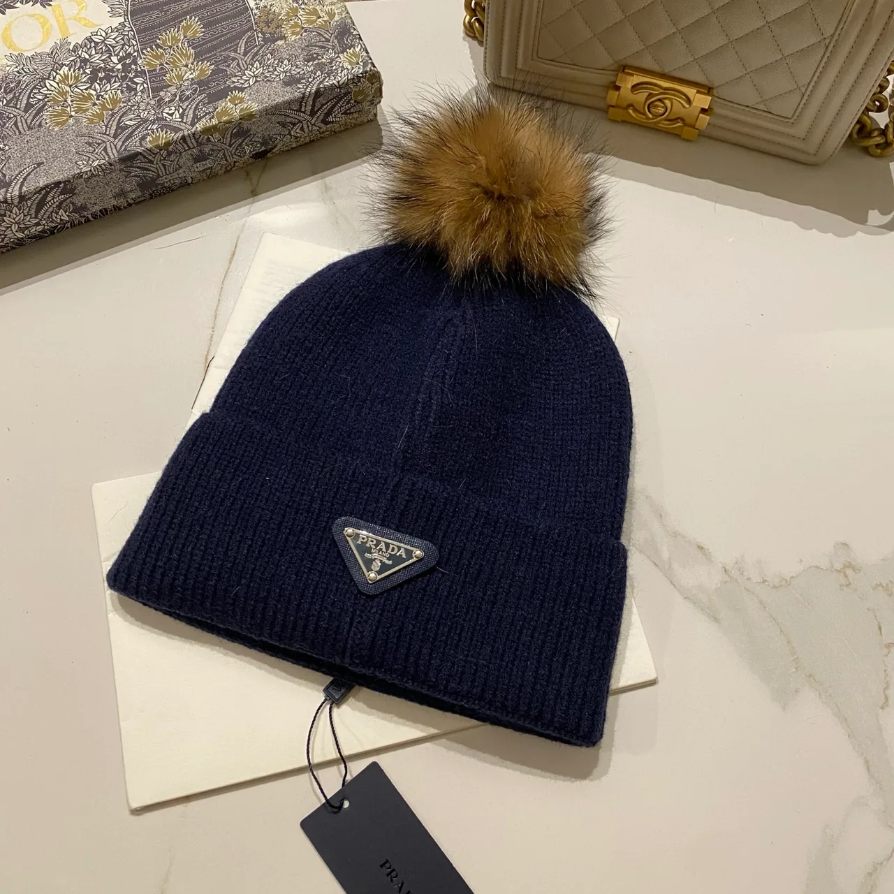 Prada Pom Knit Beanie in Red & Blue & Orange & Yellow & Pink & Brown & Grey & Black & White & Beige · view 4