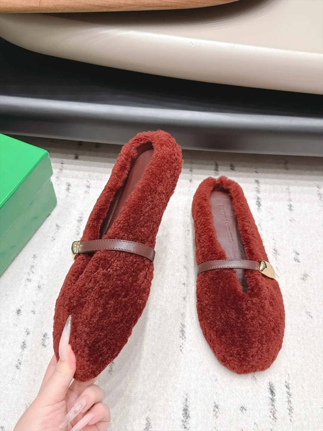 Bottega Veneta Sheepskin Buckle Fur Mary Jane Mules in Red · view 4