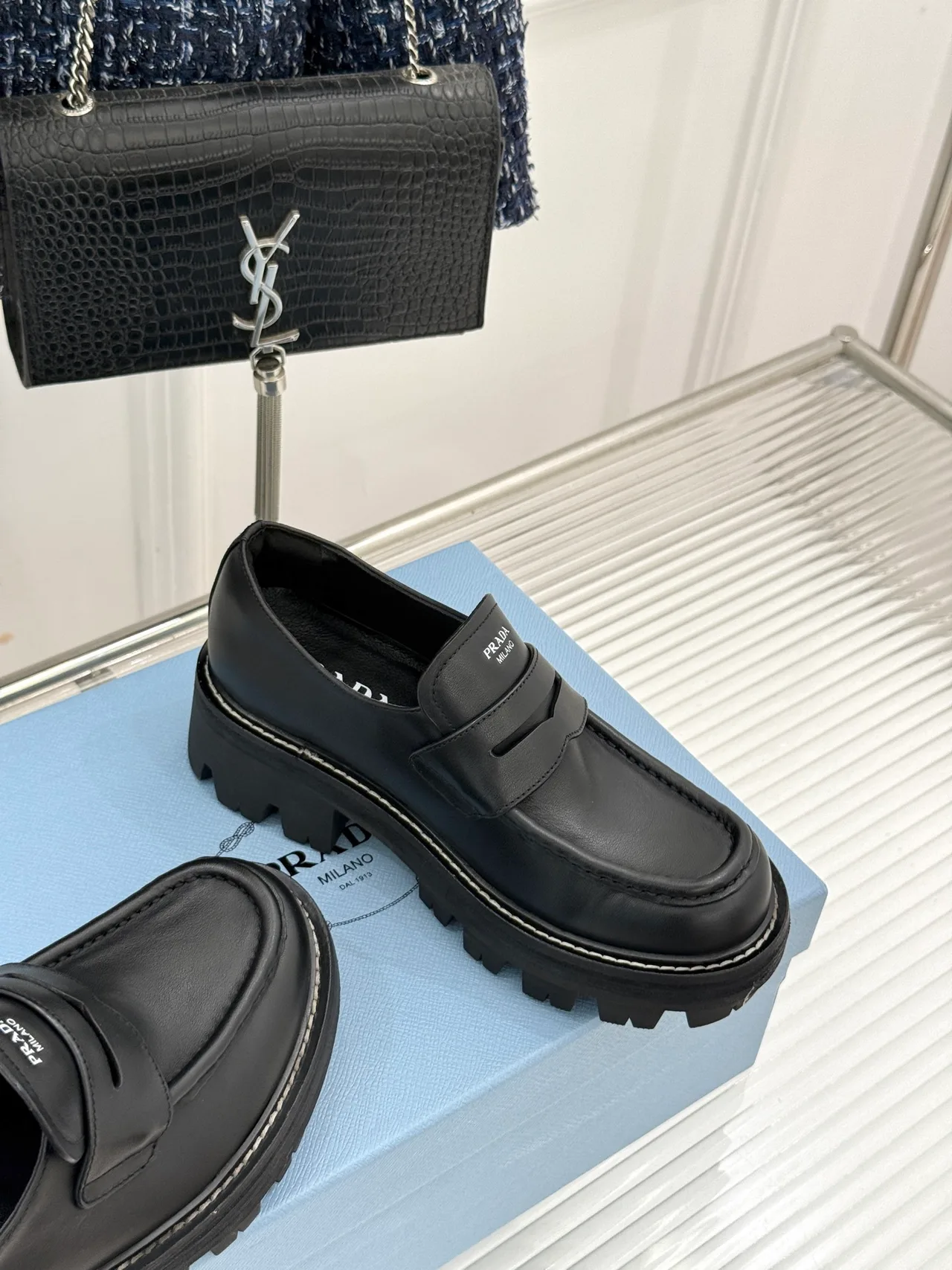 Prada Cowhide Denim Smooth Loafers in Black · view 5