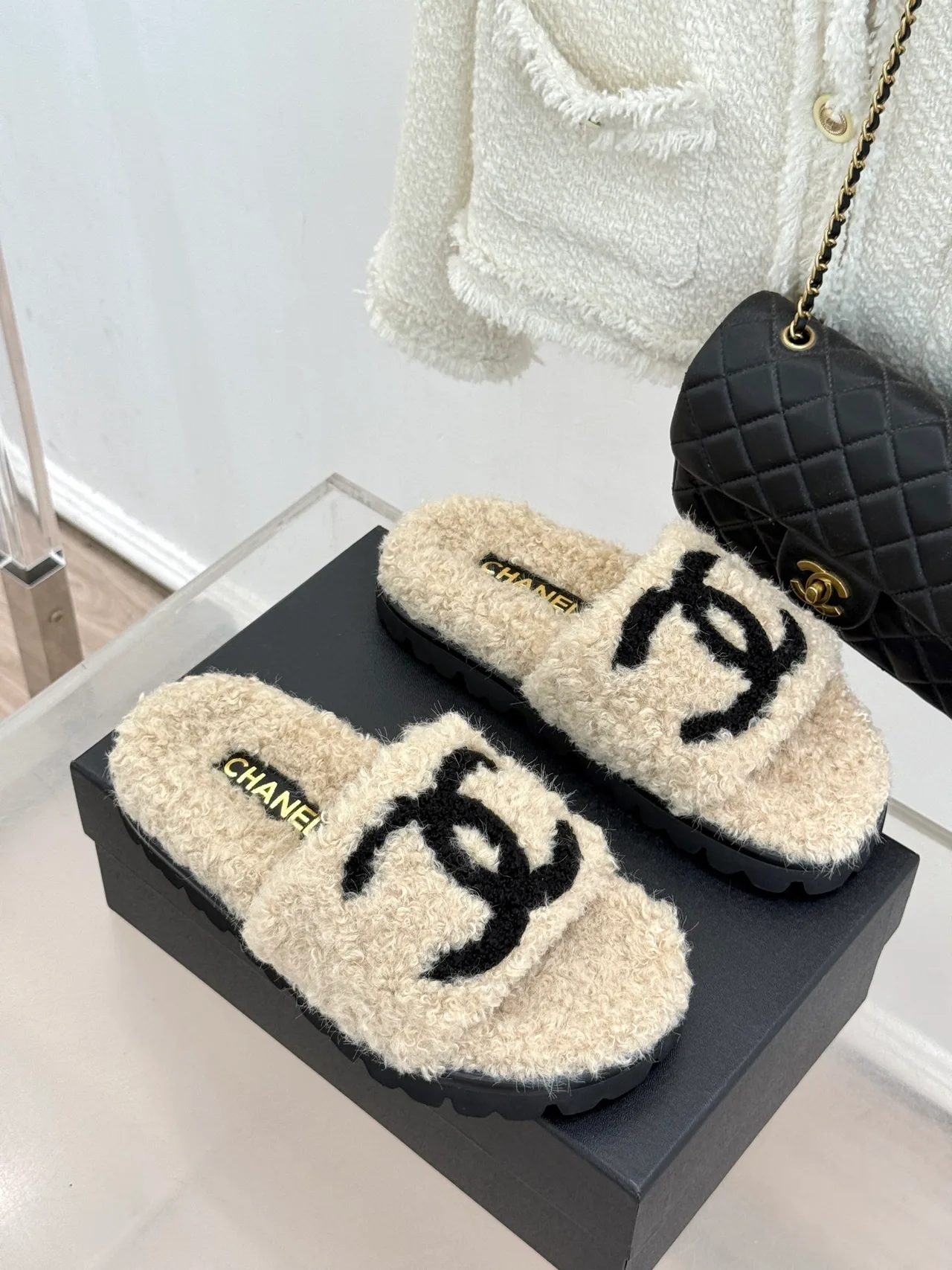 Chanel Denim Slippers in Cream · view 3