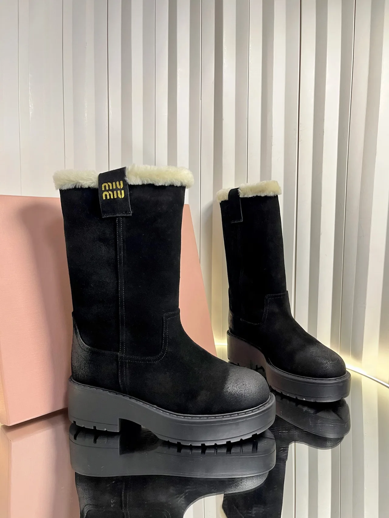 Miu Miu Calfskin Suede-Look Boots in Black · view 1