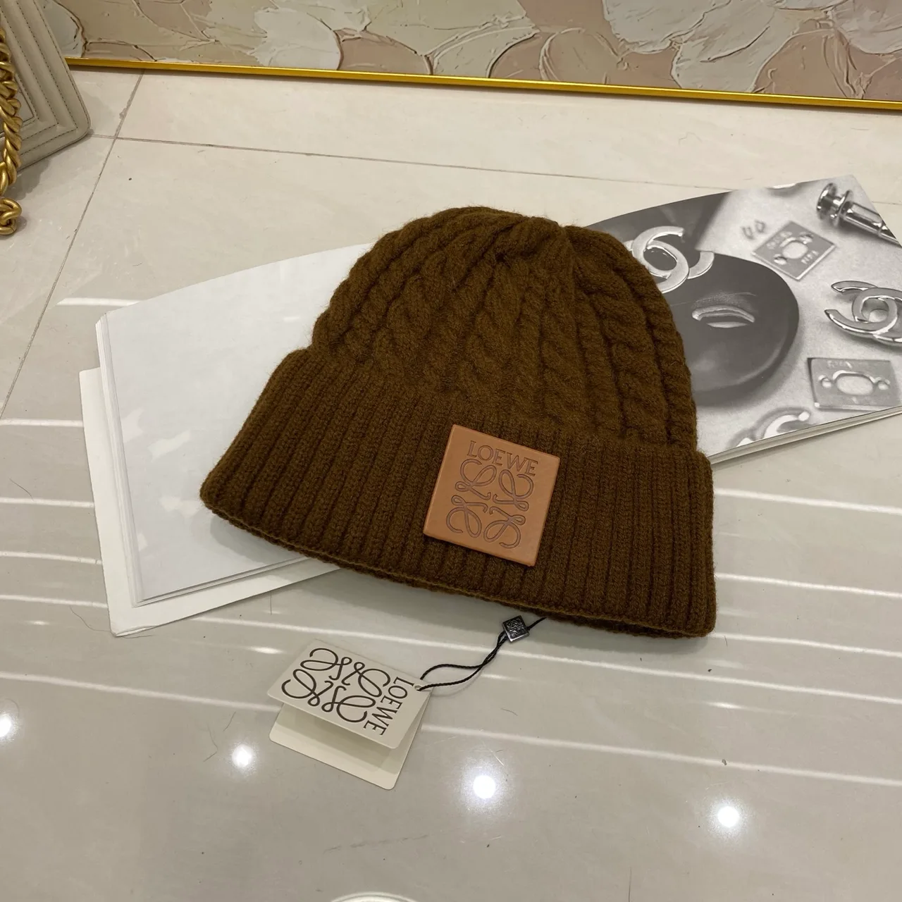 Loewe Cable knit beanie in Black & White & Cream & Brown & Grey & Burgundy · view 6
