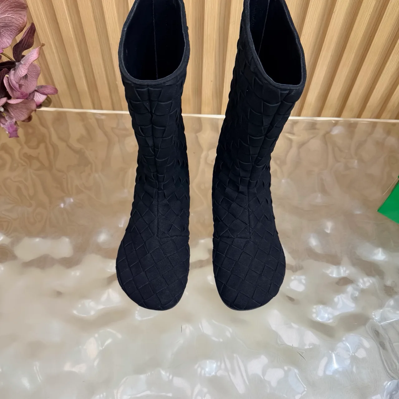 Bottega Veneta Woven Glossy Pointed-Toe Ankle Boots in Black · view 5