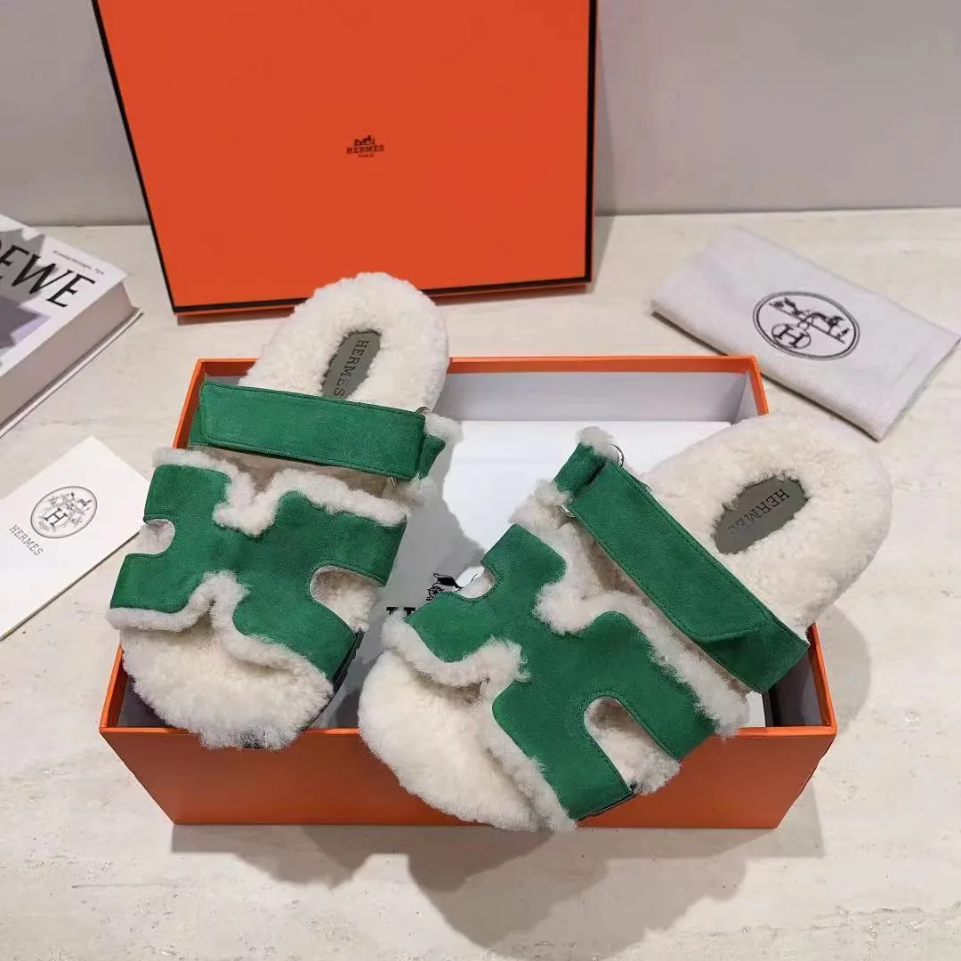 Hermes Sheepskin Chypre Shearling Slides in Green · view 4