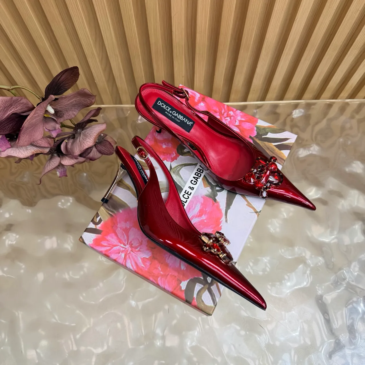 Dolce & Gabbana Patent Leather Embellished Slingback Pumps in Red · view 3
