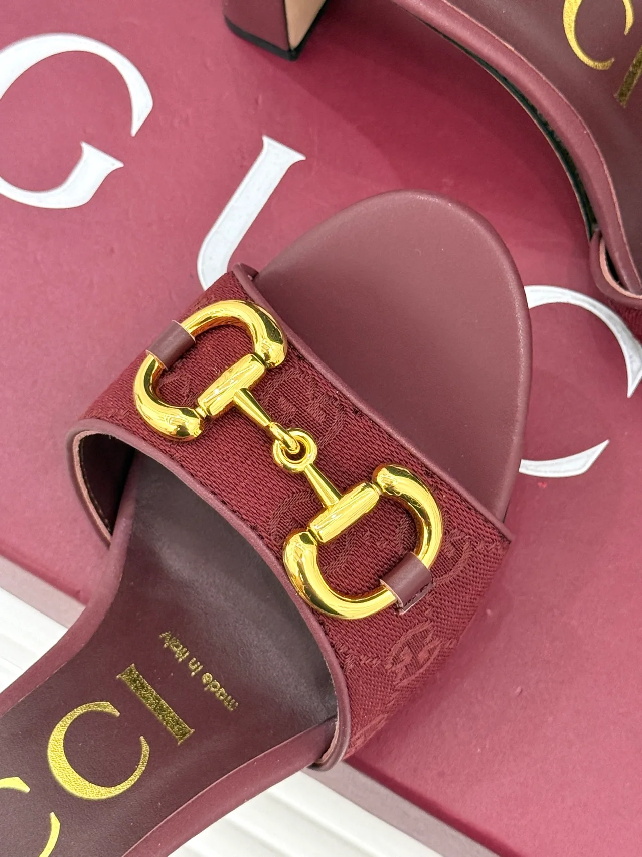 Gucci Canvas Denim Glossy Buckle Mules in Burgundy · view 7