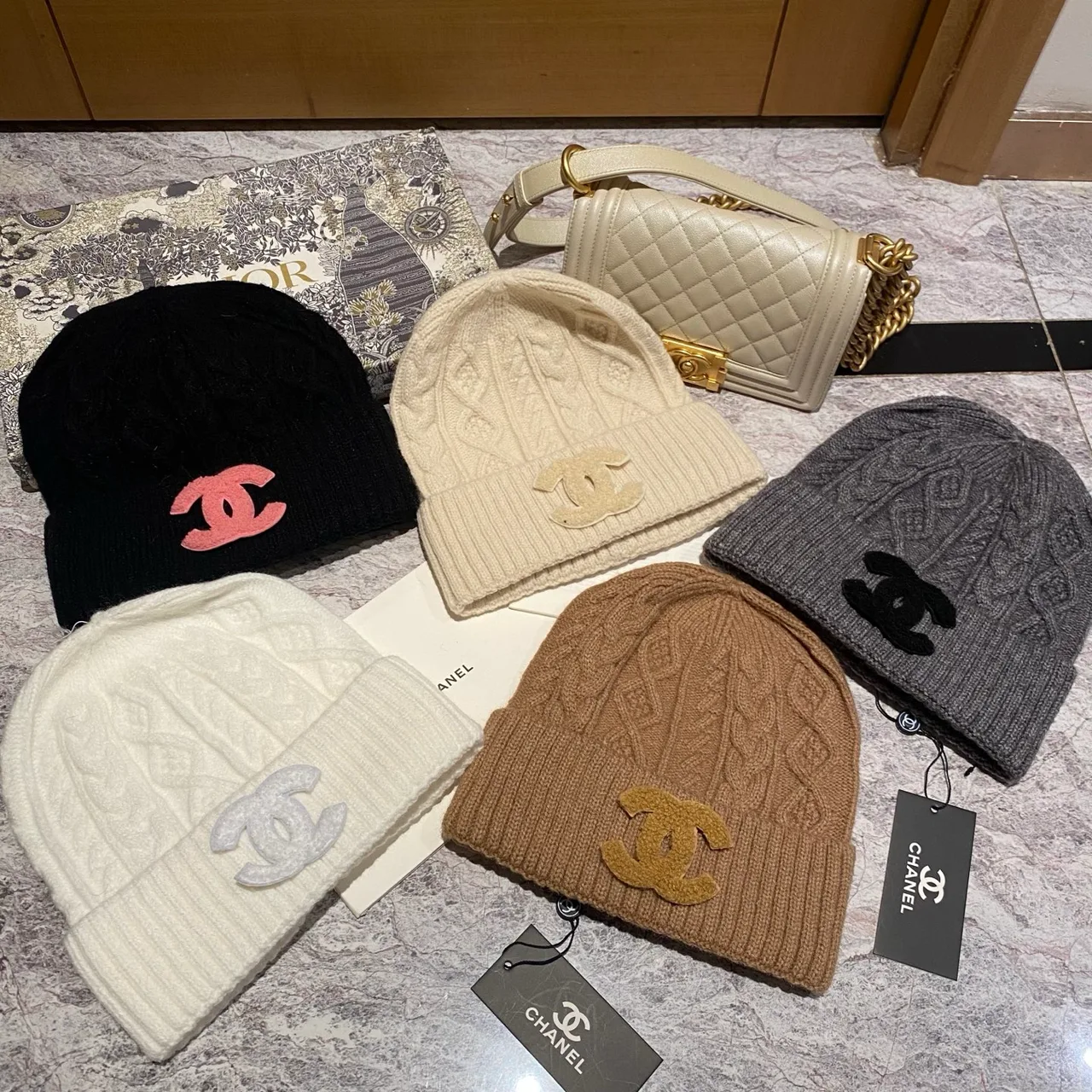 Chanel Cable-Knit Beanie in Black / White / Cream / Tan / Grey · view 8