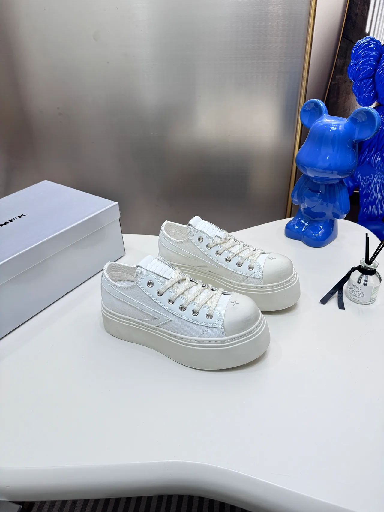 SMFK Cowhide Canvas Glossy Platform Sneakers in White · view 1