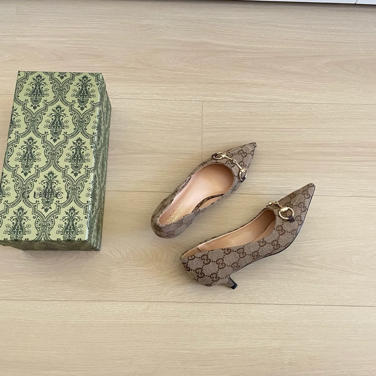 Gucci Canvas Pointed-Toe Monogram Kitten Heel Pumps in Beige · view 4