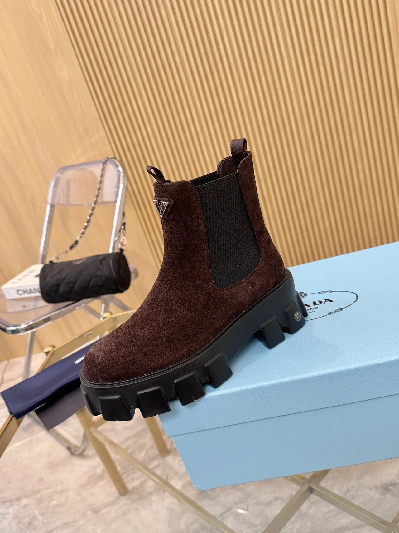 Prada Suede-Look Chelsea Boots in Brown · view 6