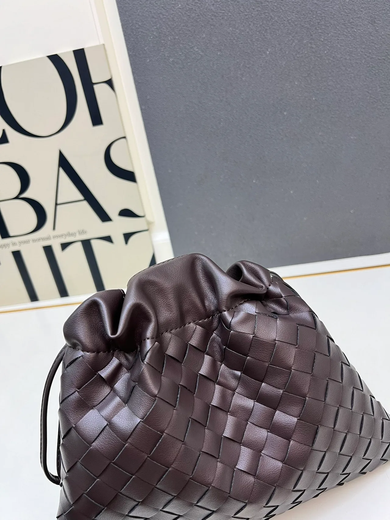 Bottega Veneta Smooth Woven Drawstring Pouch in Brown · view 3