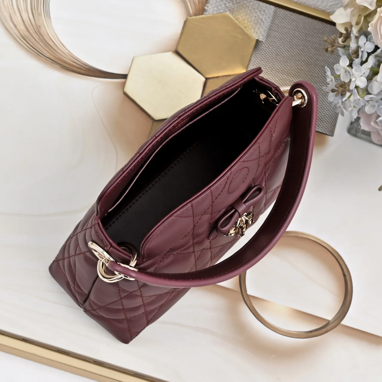 Dior Sheepskin Quilted Top-Handle Bag in Burgundy · view 8