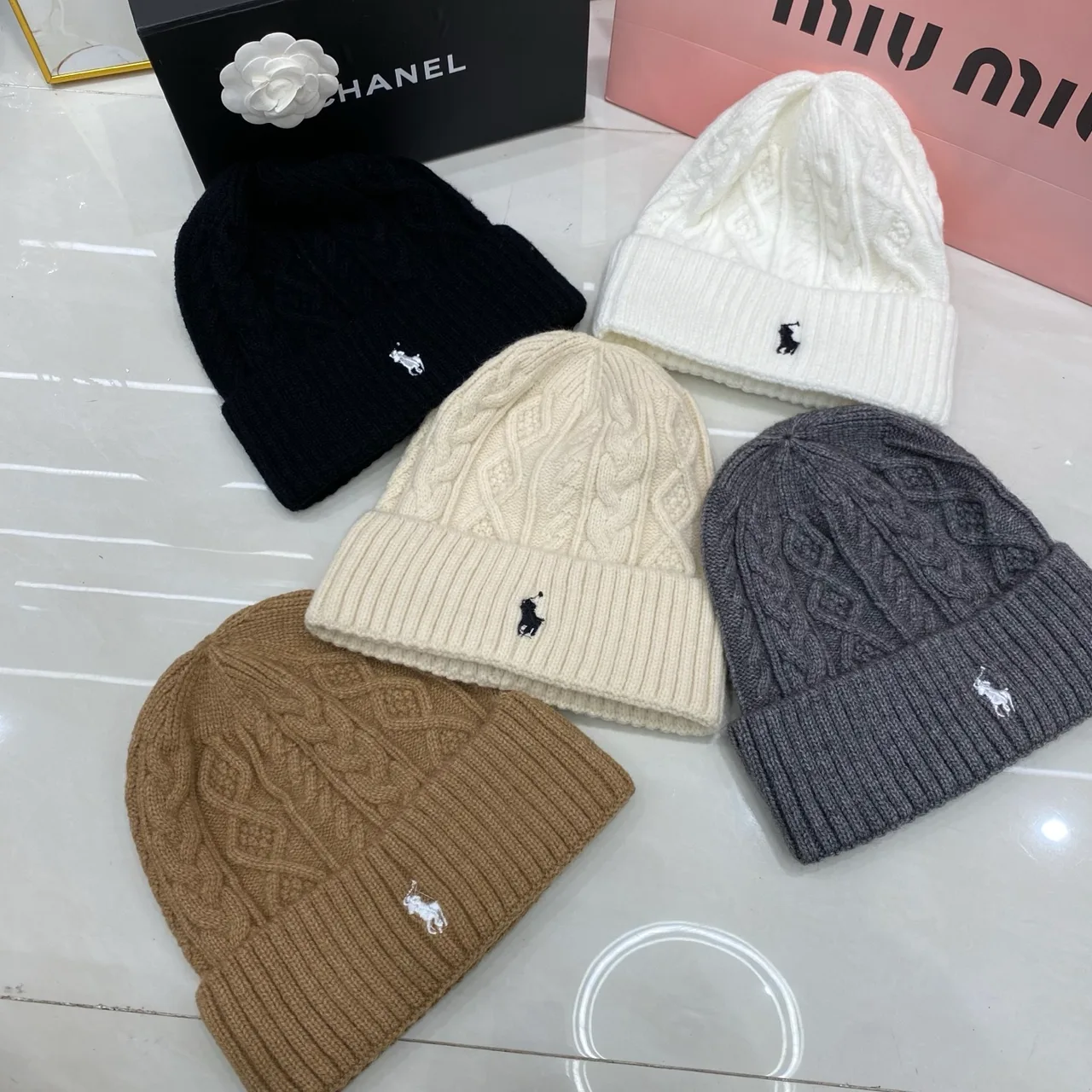 Ralph Lauren Cable-Knit Beanie in Black & White & Tan & Cream & Grey · view 6