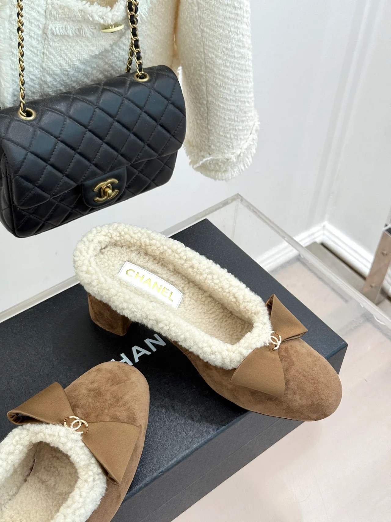 Chanel Suede-Look Bow Mules in Brown · view 5