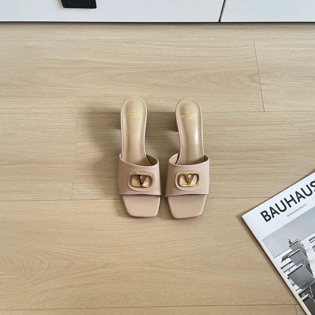 Valentino Sheepskin Square-Toe Mules in Beige · view 1