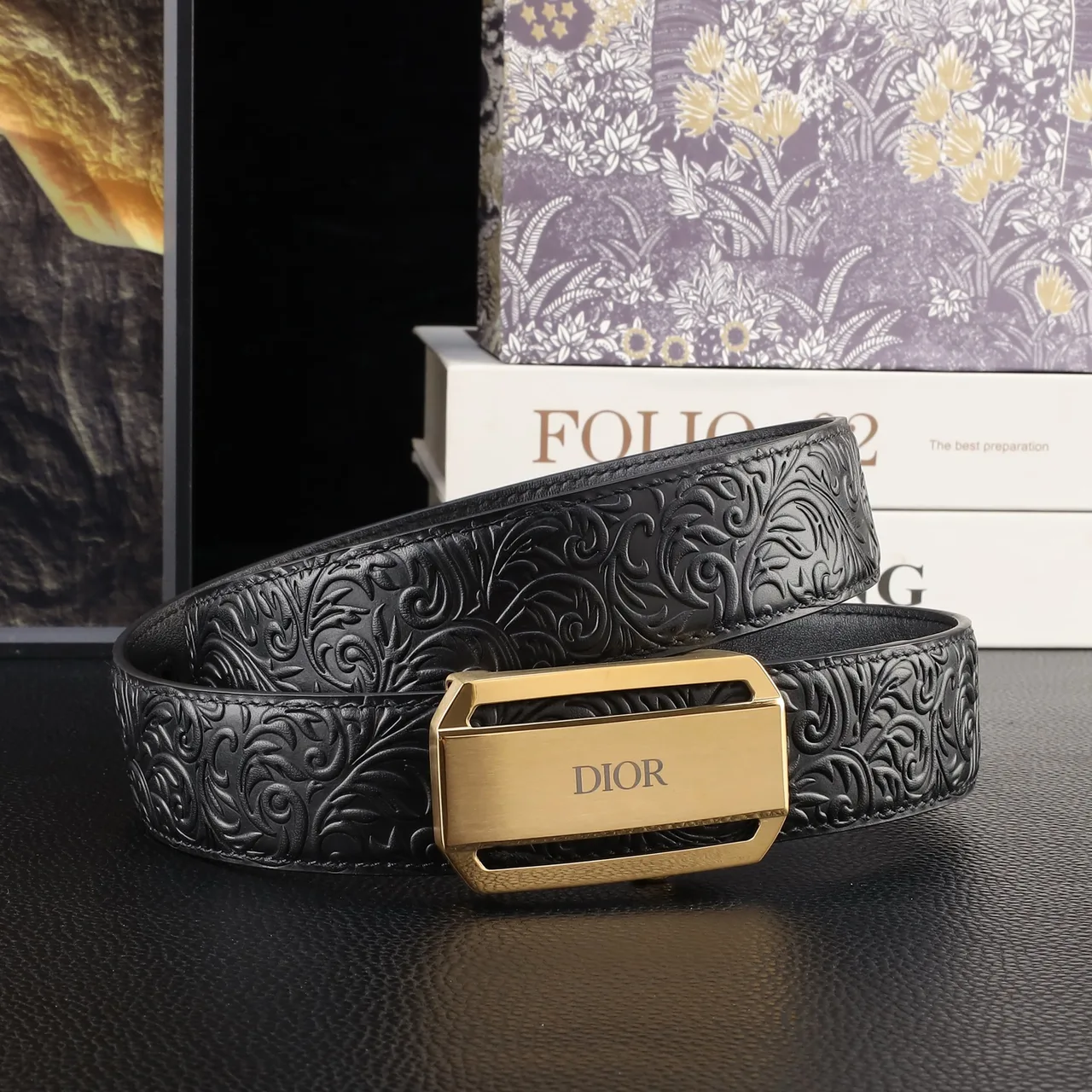 Dior Embossed Automatic Belt in Black · view 3