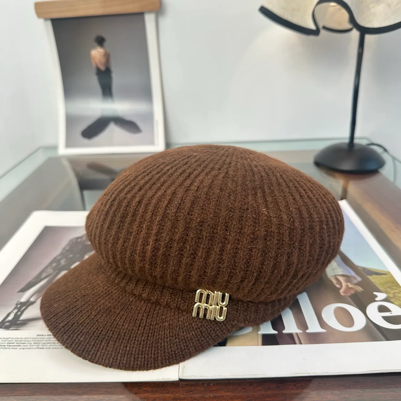 Miu Miu Knit Brimmed Cap in Brown & Beige & Grey & Cream & Black · view 1
