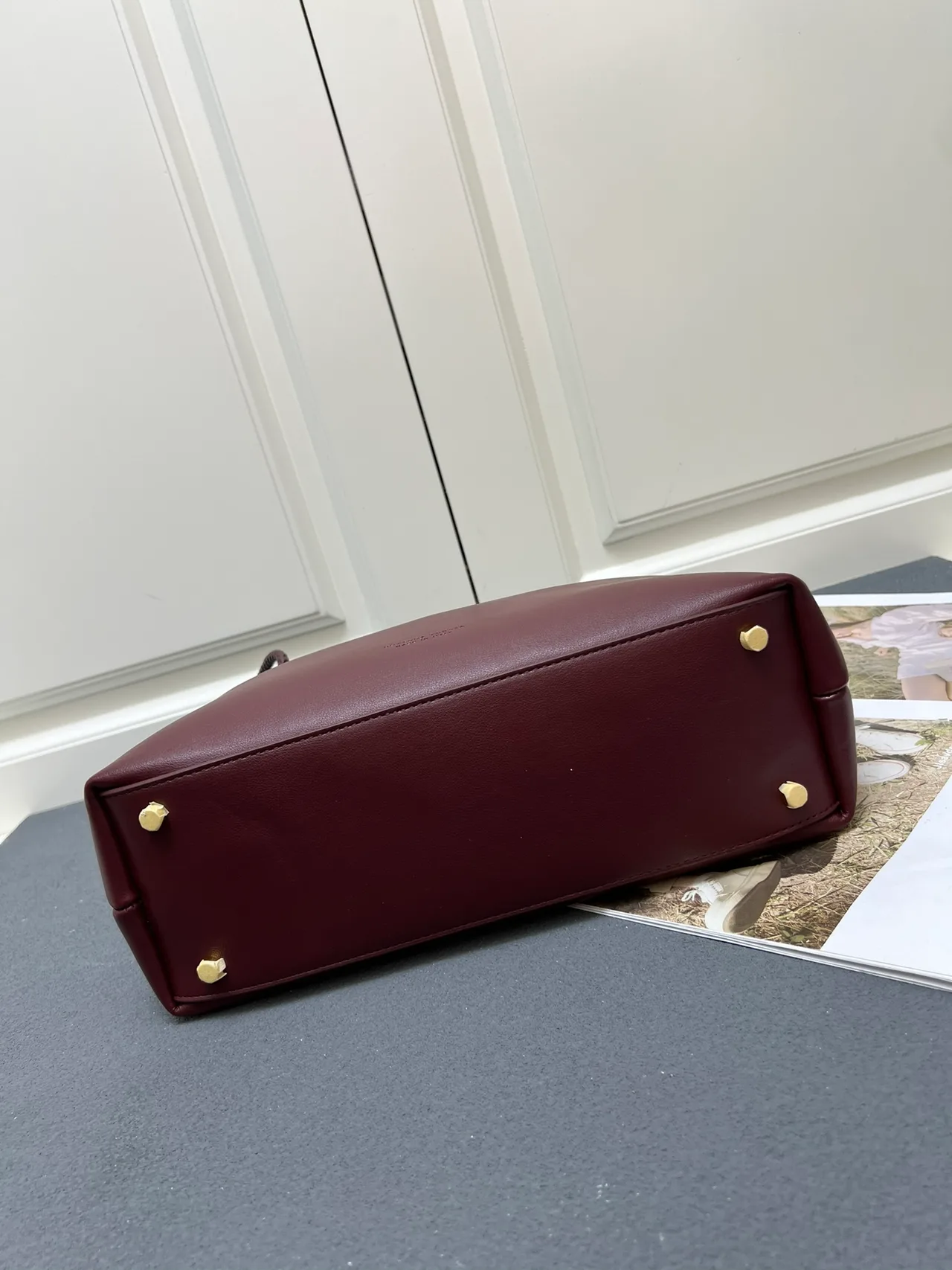 Bottega Veneta Calfskin Woven Andiamo Shoulder Bag in Burgundy · view 7