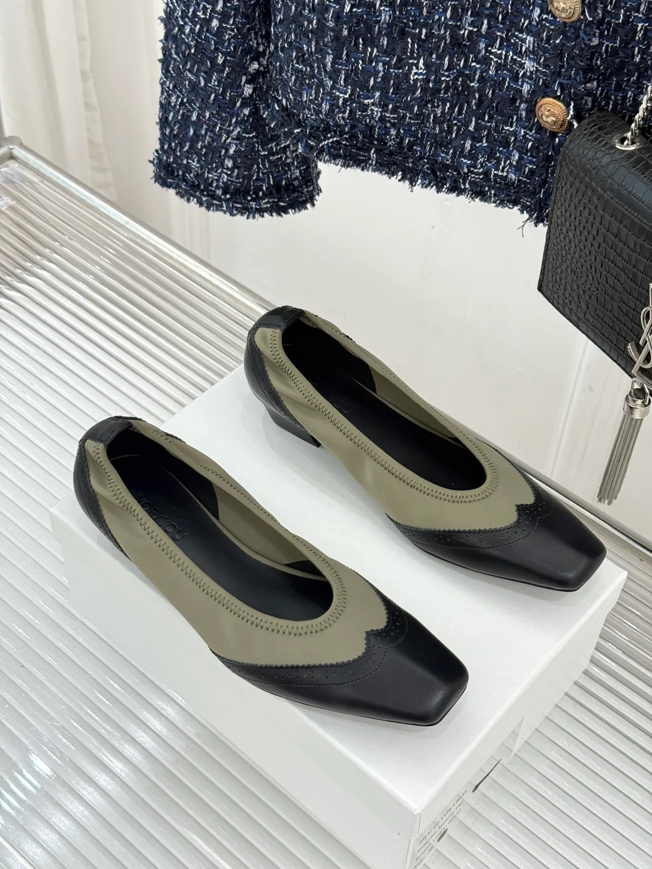 YOEYYOU Lambskin Denim Square-Toe Block-Heel Shoes in Black · view 3
