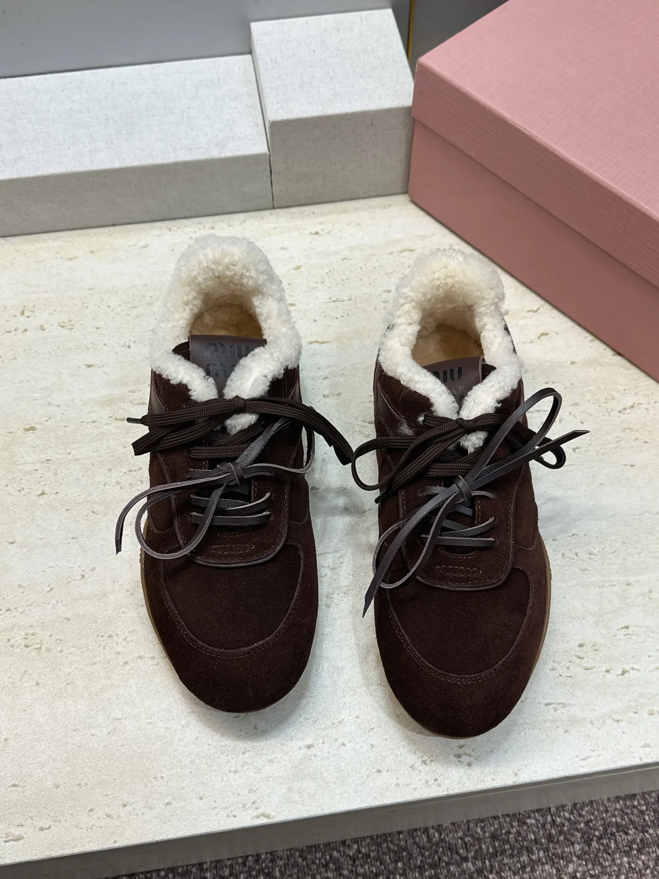 Miu Miu Suede-Look Round-Toe Sneakers in Brown · view 2