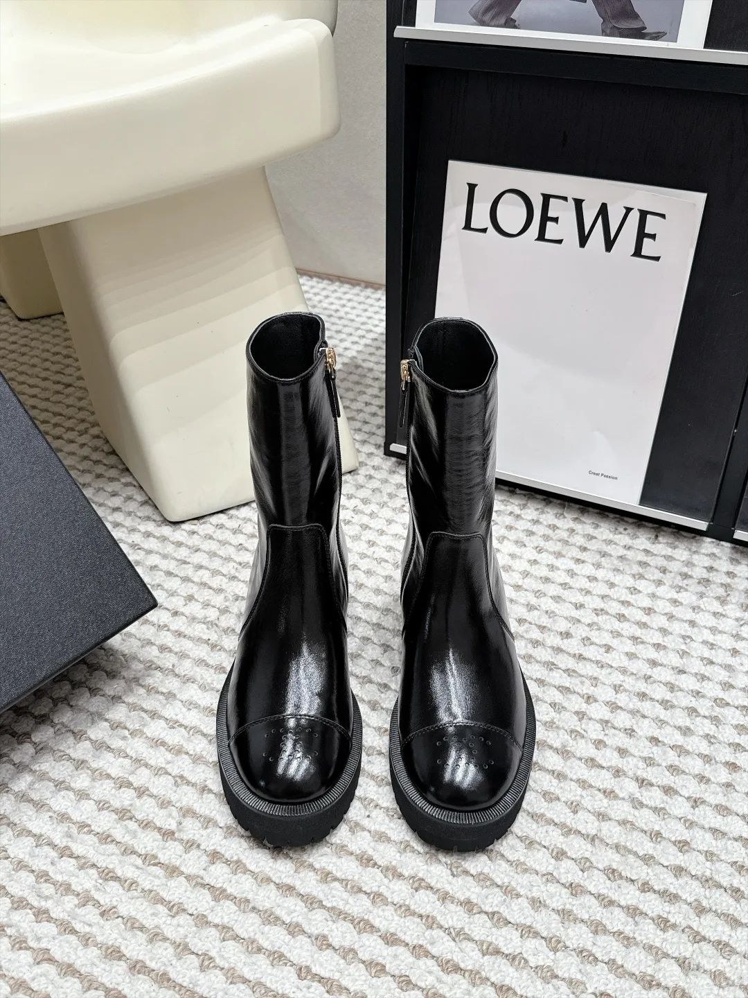 Loewe Cowhide Glossy Round-Toe Ankle Boots in Black · view 1