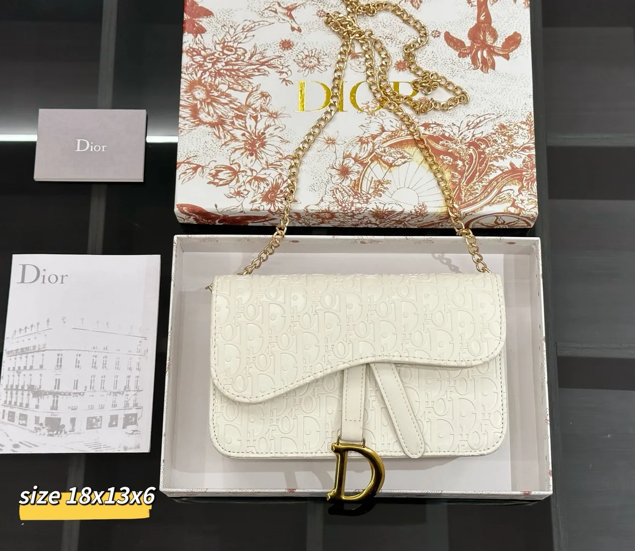Dior Saddle-Style Chain Wallet in White / Black / Grey / Blue · view 6