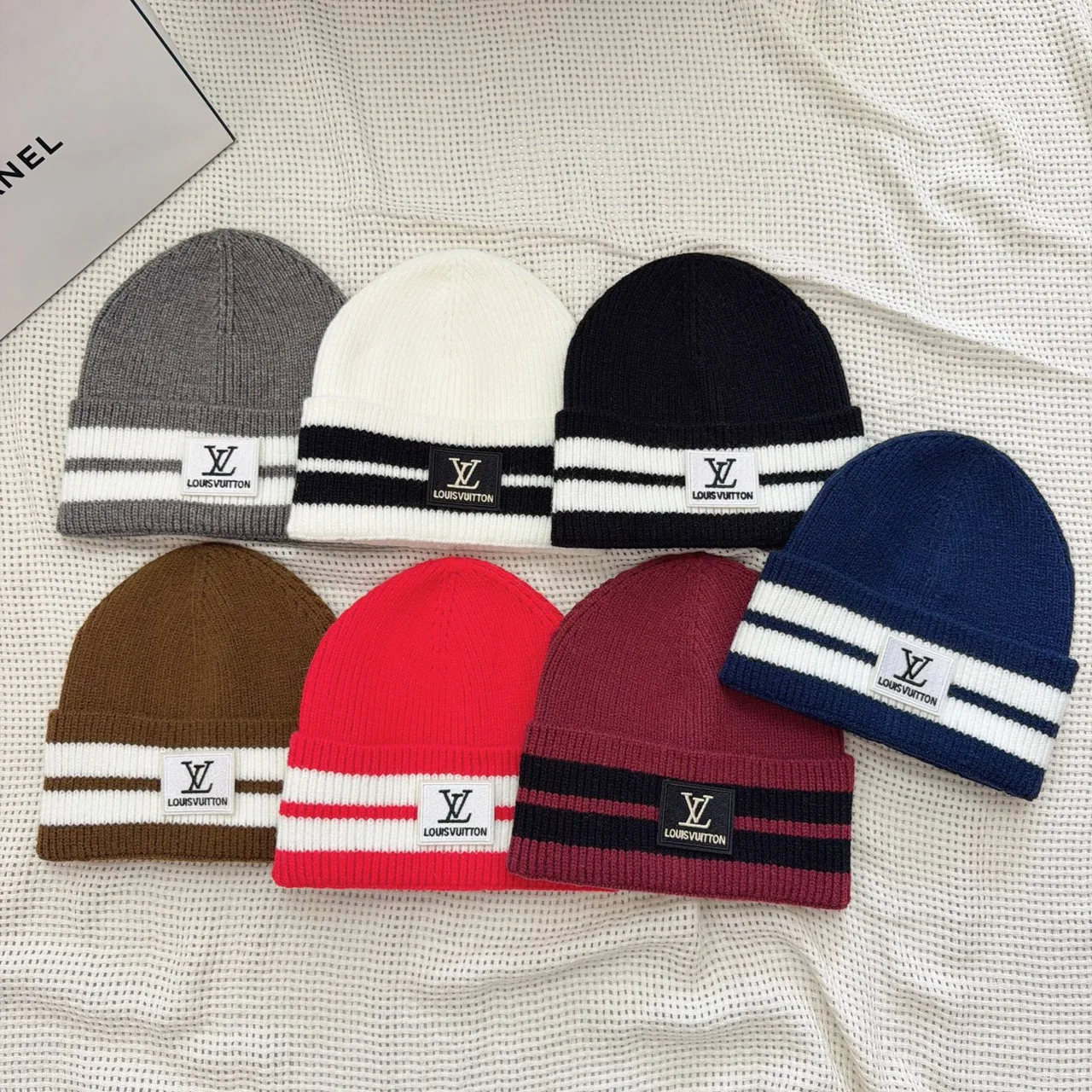 Louis Vuitton Striped monogram knit beanie in Grey & Black & Blue & Burgundy & Brown & Red & White · view 7
