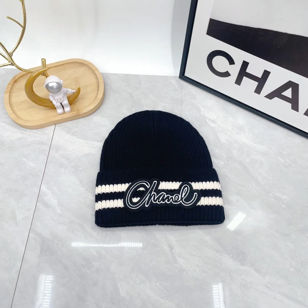 Chanel Ribbed Striped Beanie in Blue · view 5