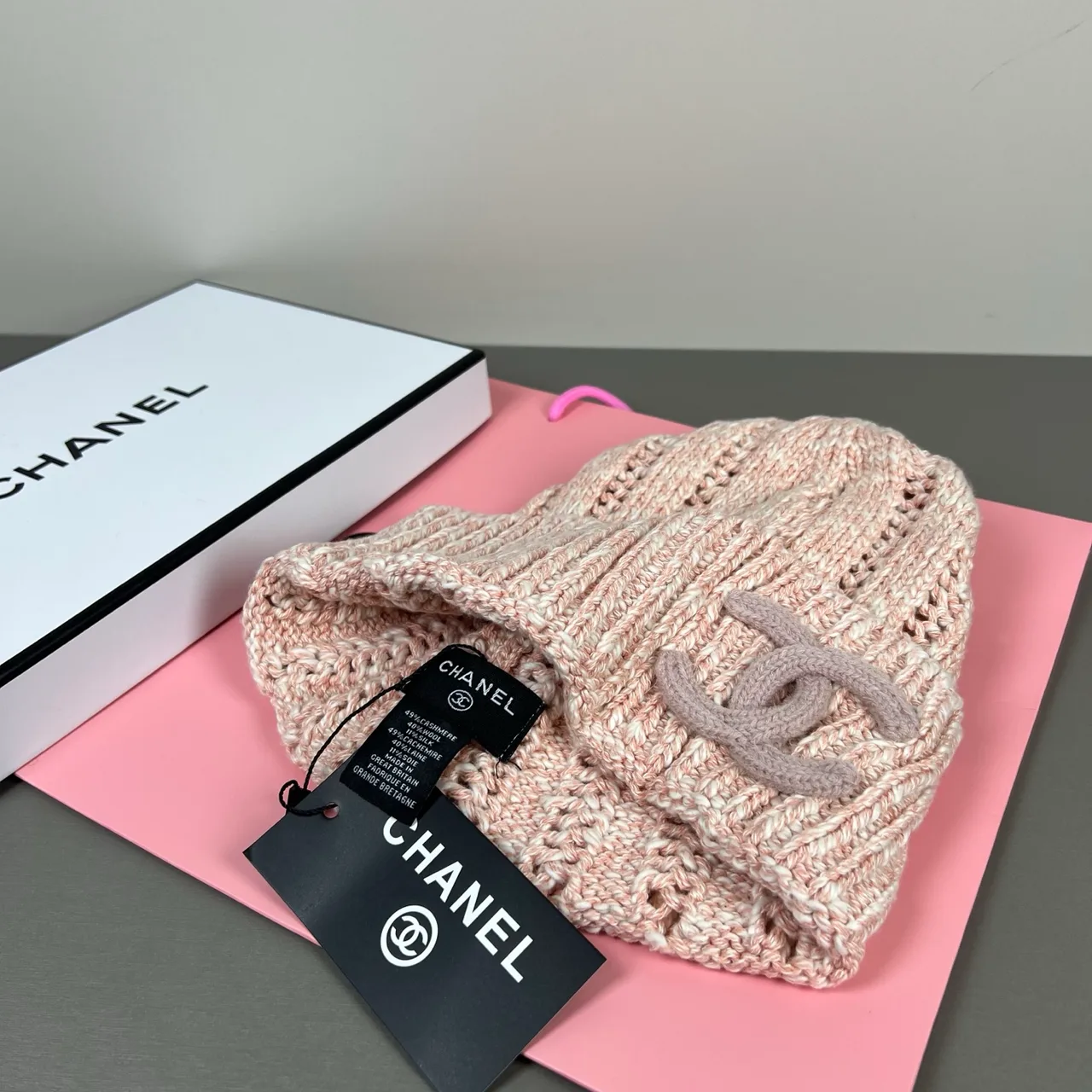 Chanel Raised-logo knit beanie in Black & Pink · view 7