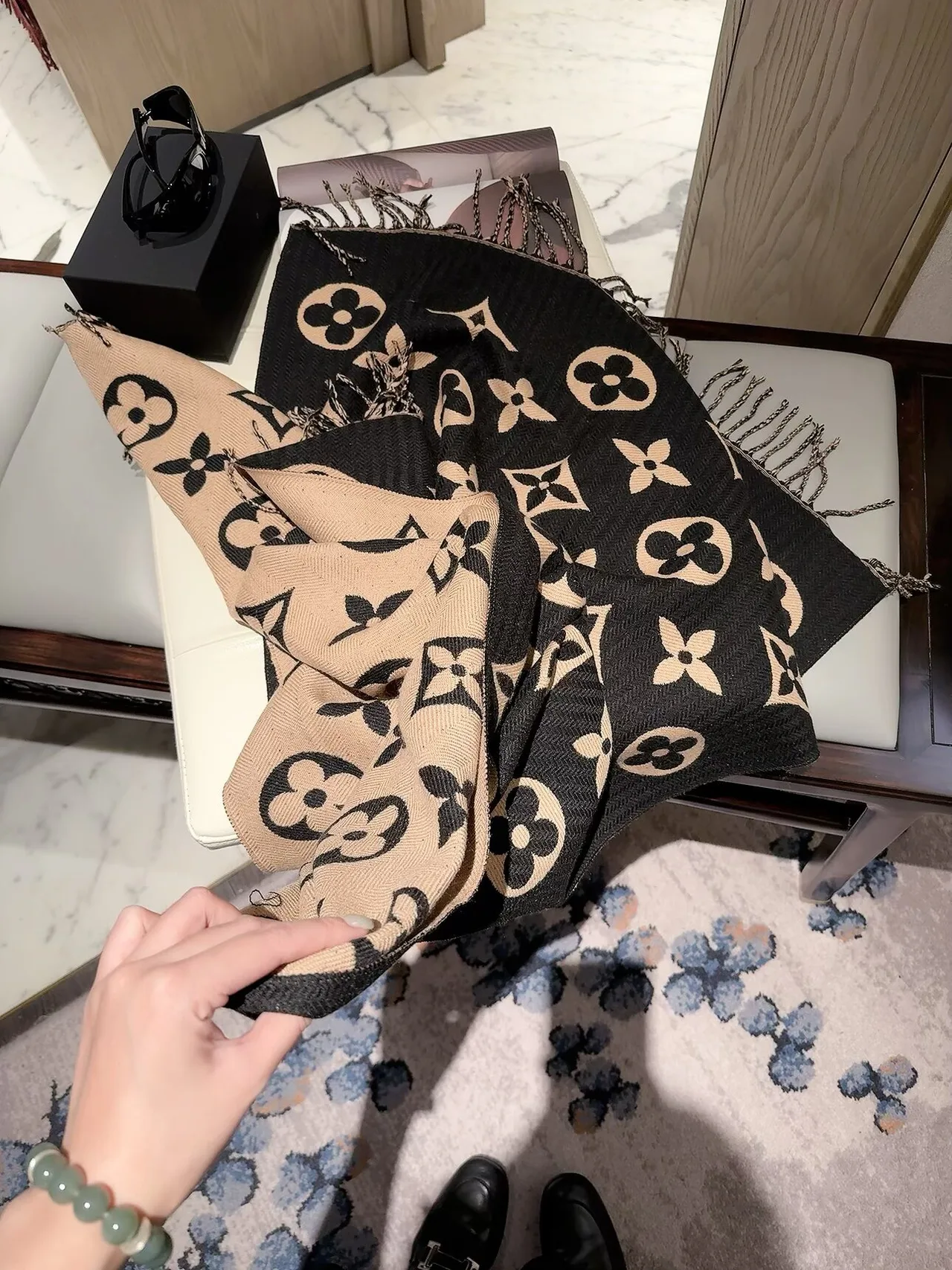 Louis Vuitton Reversible Monogram Shawl in Beige & Black · view 2