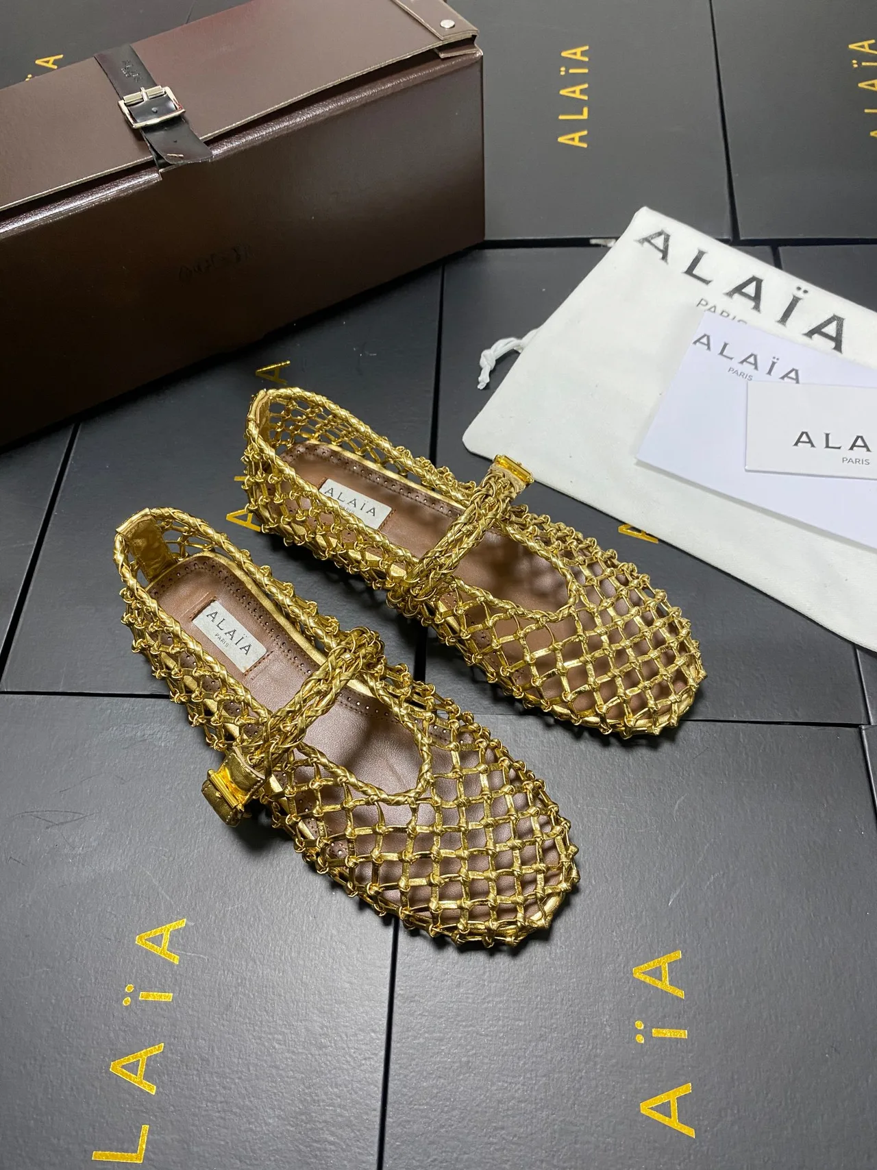 Alaia Cowhide Sheepskin Square-Toe Mary Jane Flats in Gold · view 4