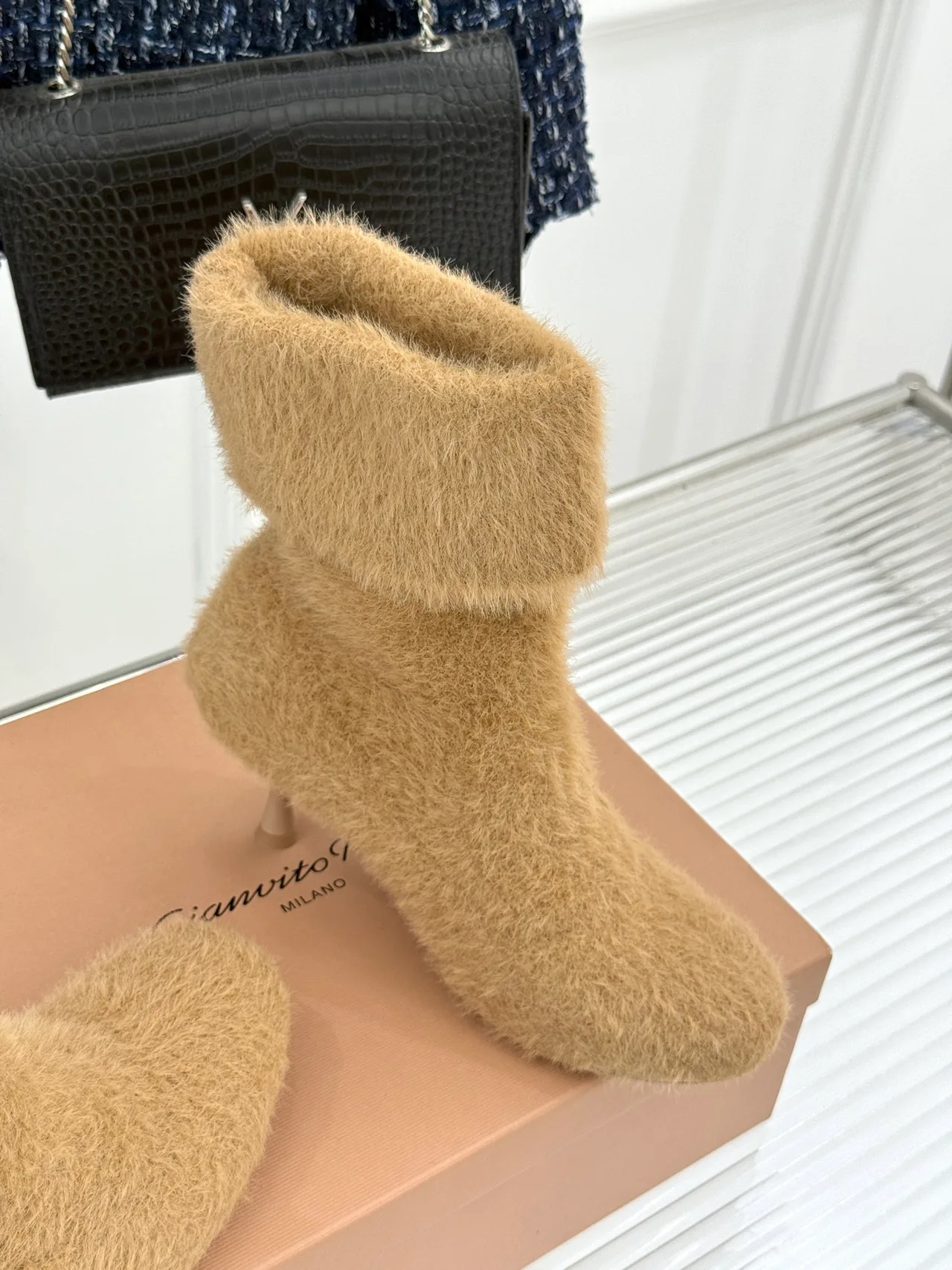 Gianvito Rossi Wool Fuzzy Ankle Boots in Beige · view 6