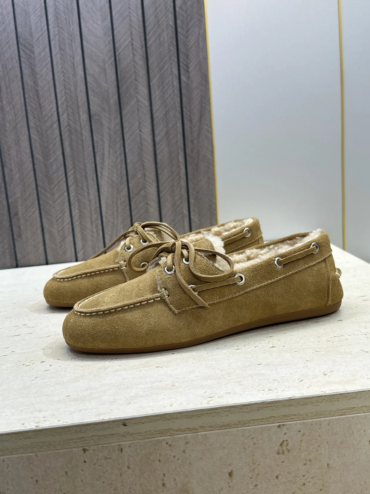 Miu Miu Calfskin Suede-Look Round-Toe Lace-Up Lined Moccasins in Brown · view 5