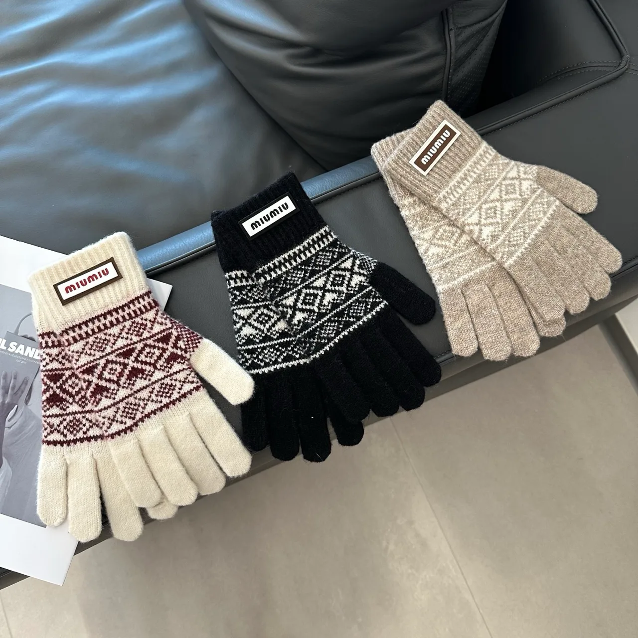 Miu Miu Hat Scarf and Gloves Set in Black & Beige & White · view 5