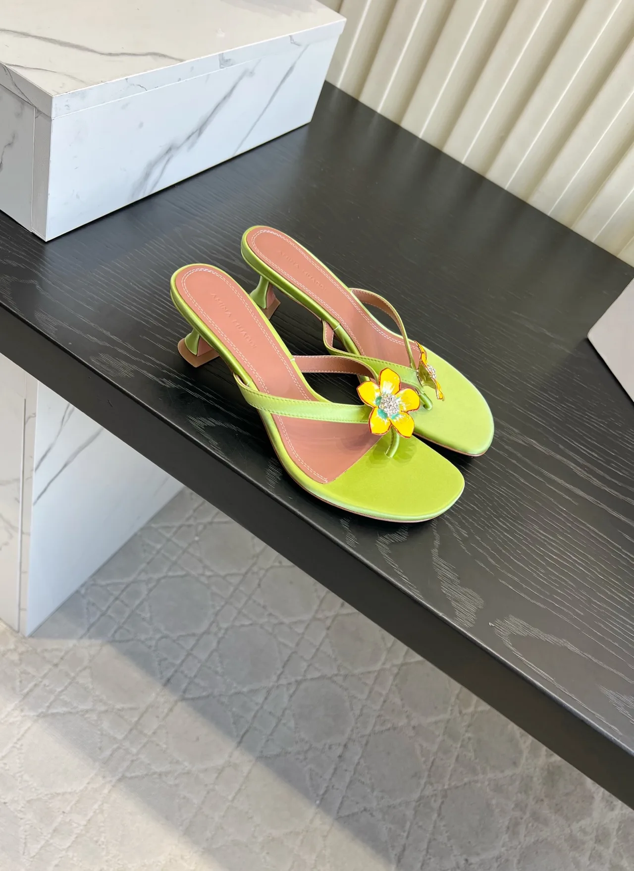 Amina Muaddi Silk Sandals in Green · view 2