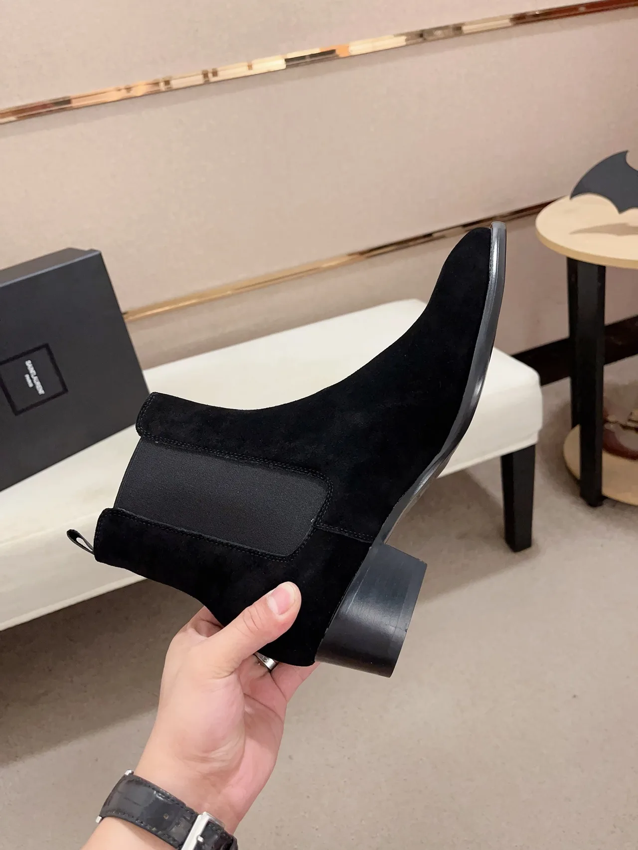 Saint Laurent Cowhide Suede-Look Pointed-Toe Chelsea Boots in Black · view 6