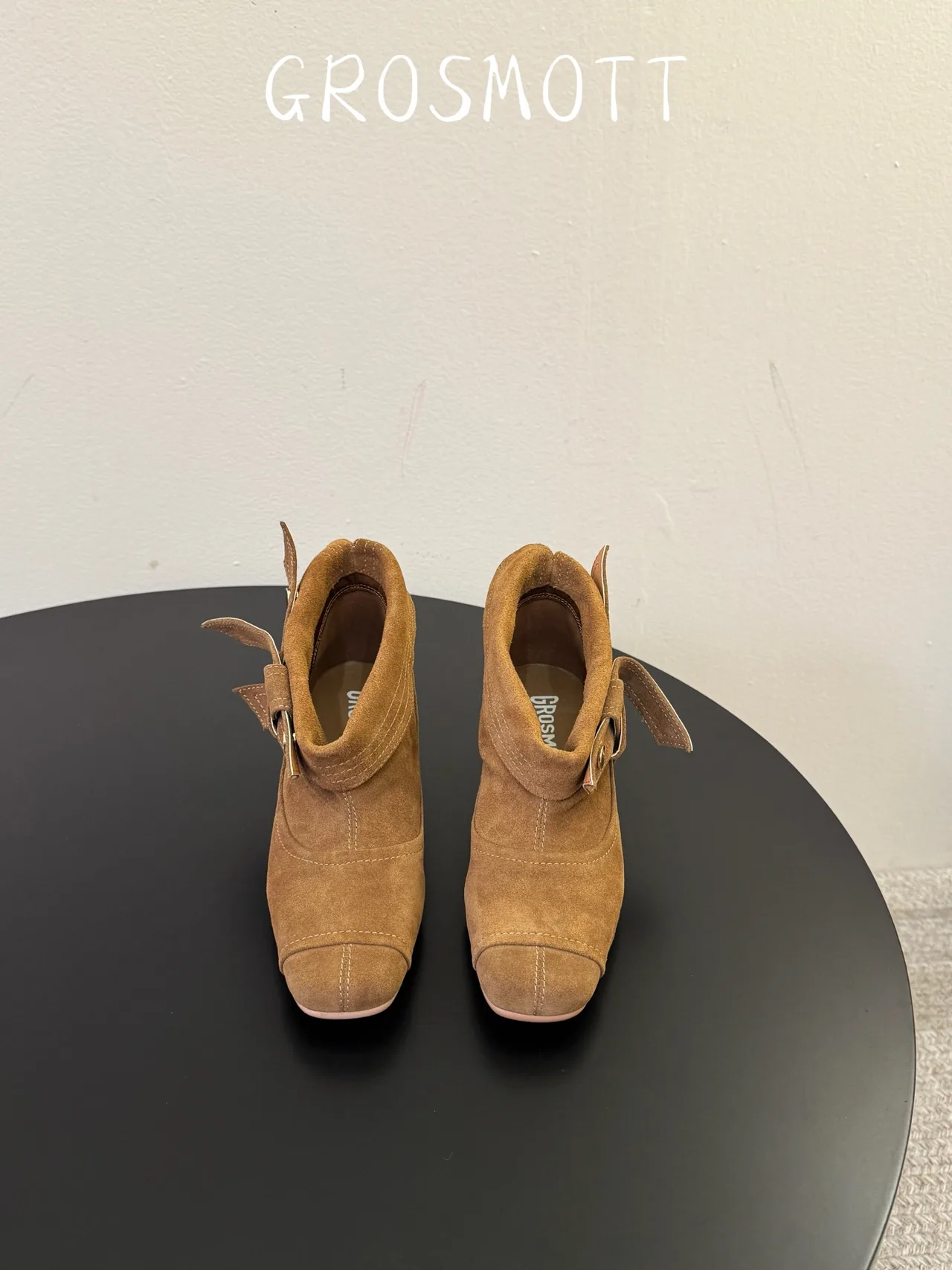 Sheepskin Suede-Look Square-Toe Buckle Ankle Boots in Brown · view 1
