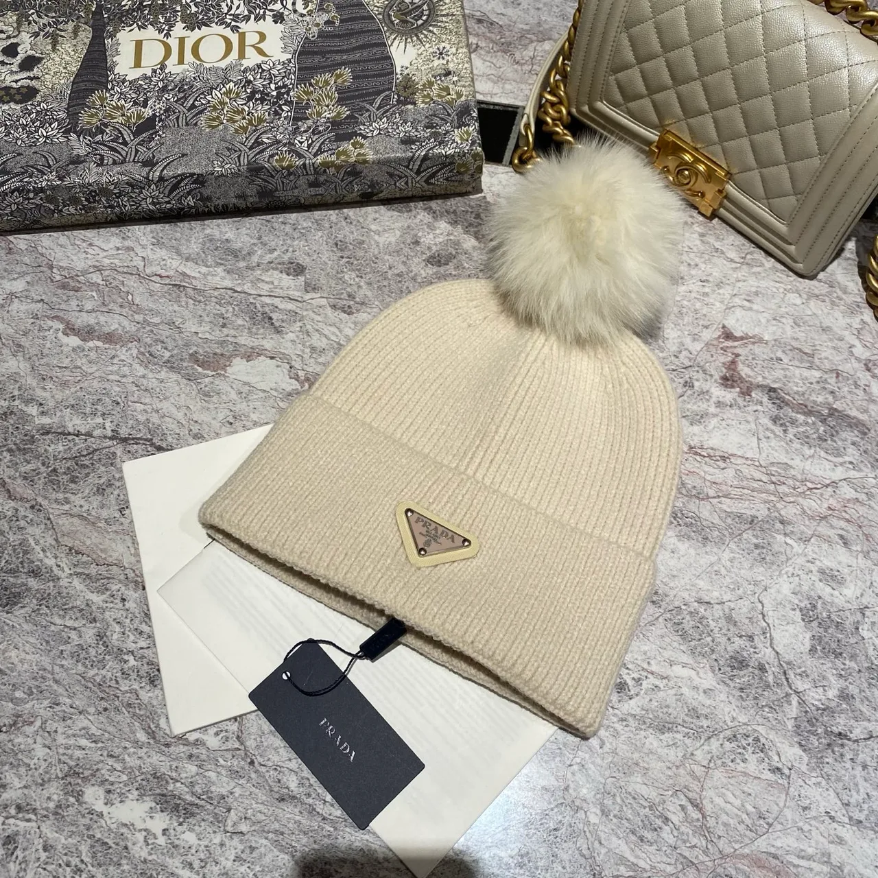 Prada Pom-Pom Beanie in Black & White & Cream & Tan & Grey & Red · view 3